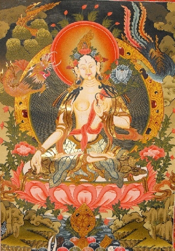 Tara Blanca con brocado azul-rojo extragrande (Gran calidad)