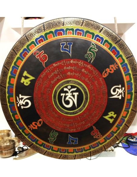 Chau Gong 50 cms. pintado "Om-Om mane..." + Funda