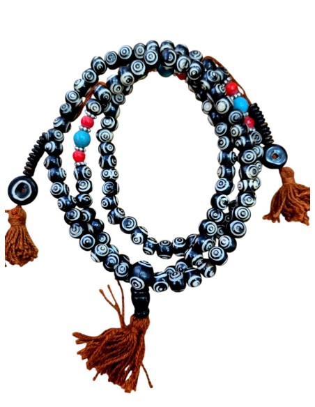 Mala de hueso oscuro "tercer ojo" con turquesitas 8 mm