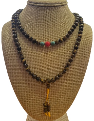 Japamala Ojo de tigre con turquesita y coral. 8mm