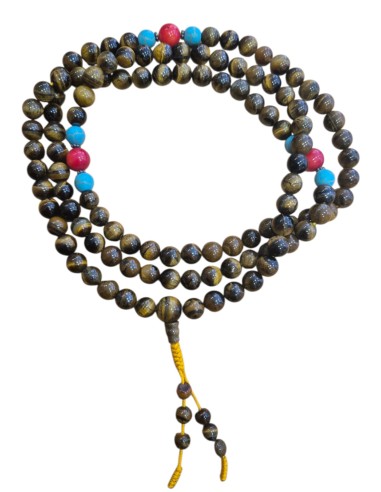 Japamala Ojo de tigre con turquesita y coral. 8mm