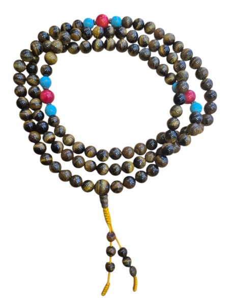 Japamala Ojo de tigre con turquesita y coral. 8mm