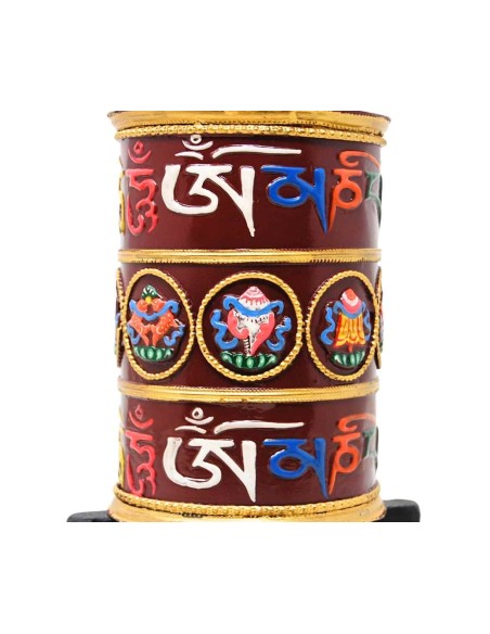 Rueda de oración grande de metal "Om mane padme hum + Signos auspiciosos" colores
