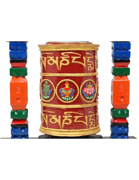 Rueda de oración grande de metal y madera "Om mane padme hum + Signos auspiciosos"
