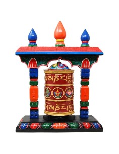 Rueda de oración grande de metal y madera "Om mane padme...