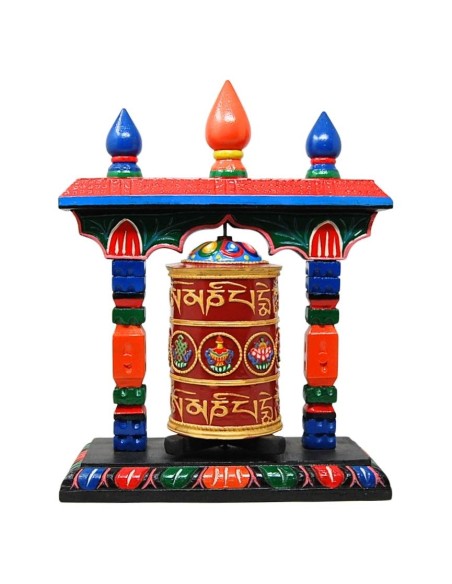 Rueda de oración grande de metal y madera "Om mane padme hum + Signos auspiciosos"