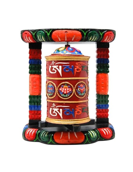 Rueda de oración grande de metal y madera "Om mane padme hum + Signos auspiciosos" II